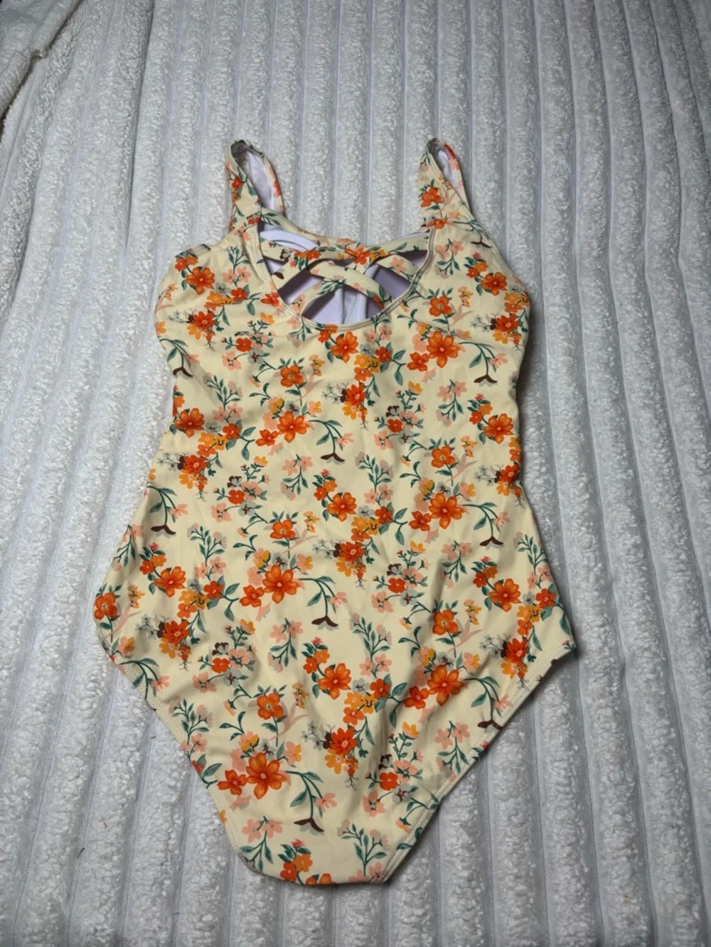 Floral Scoop Neck One-Piece Swimsuit - Cream with Orange Flowers